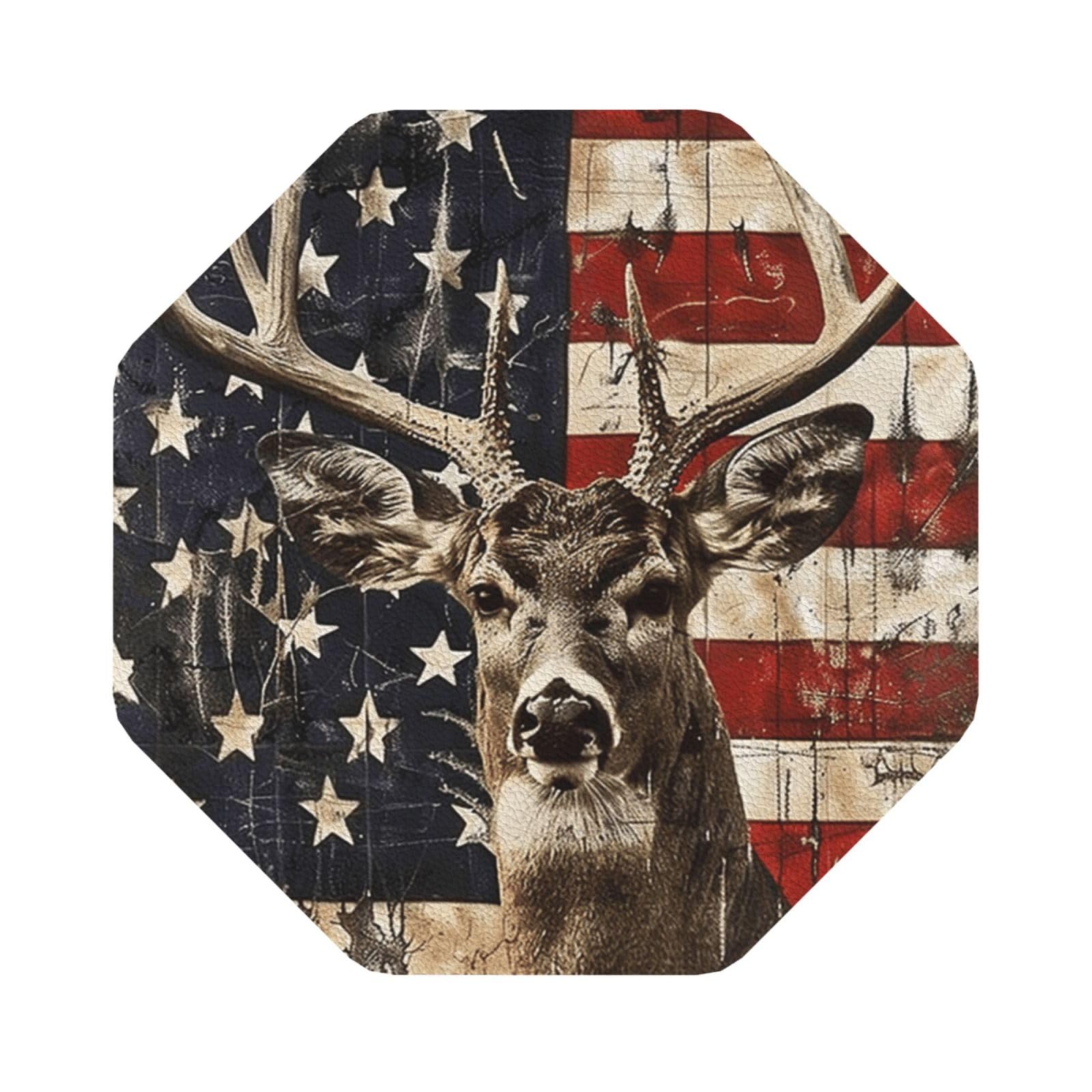 Americana Flag Deer Print Leather Coaster Set of 6, Octagon Coasters Table Decorative Coffee Cup Beverage Coasters Wine Beer Bar Coasters for Hot Drinks Table Protection