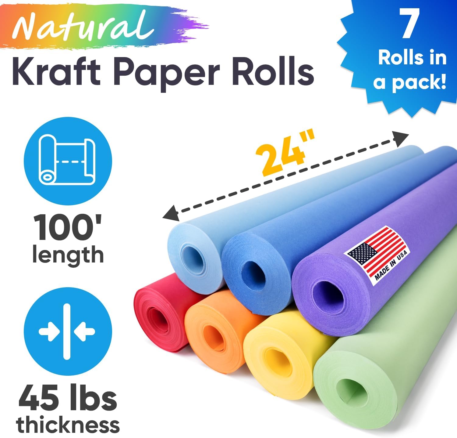 24" x 1200" (100 ft) Pack of 7 Rolls, Rainbow Kraft Paper Set, 45 lbs/66 GSM - USA Made Colored Kraft Paper for Arts and Crafts, DIY Projects, Gift Wrapping