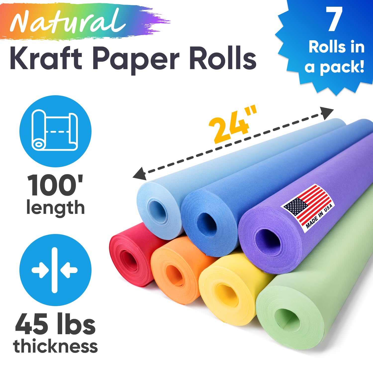 Lot de rouleaux de papier kraft arc-en-ciel de 61 x 3048 cm, 20,4 kg, 7 couleurs – Fabriqué aux États-Unis pour les arts et l'artisanat, les projets de bricolage, l'emballage cadeau