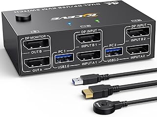 Dual Monitor DisplayPort KVM Switch 8K@30Hz 4K@60Hz, KVM Switch 2 PC 2 Monitors, KVM Switches with 4 USB 3.0 Ports for 2 PC, with DP + USB Cable and Desktop Controller