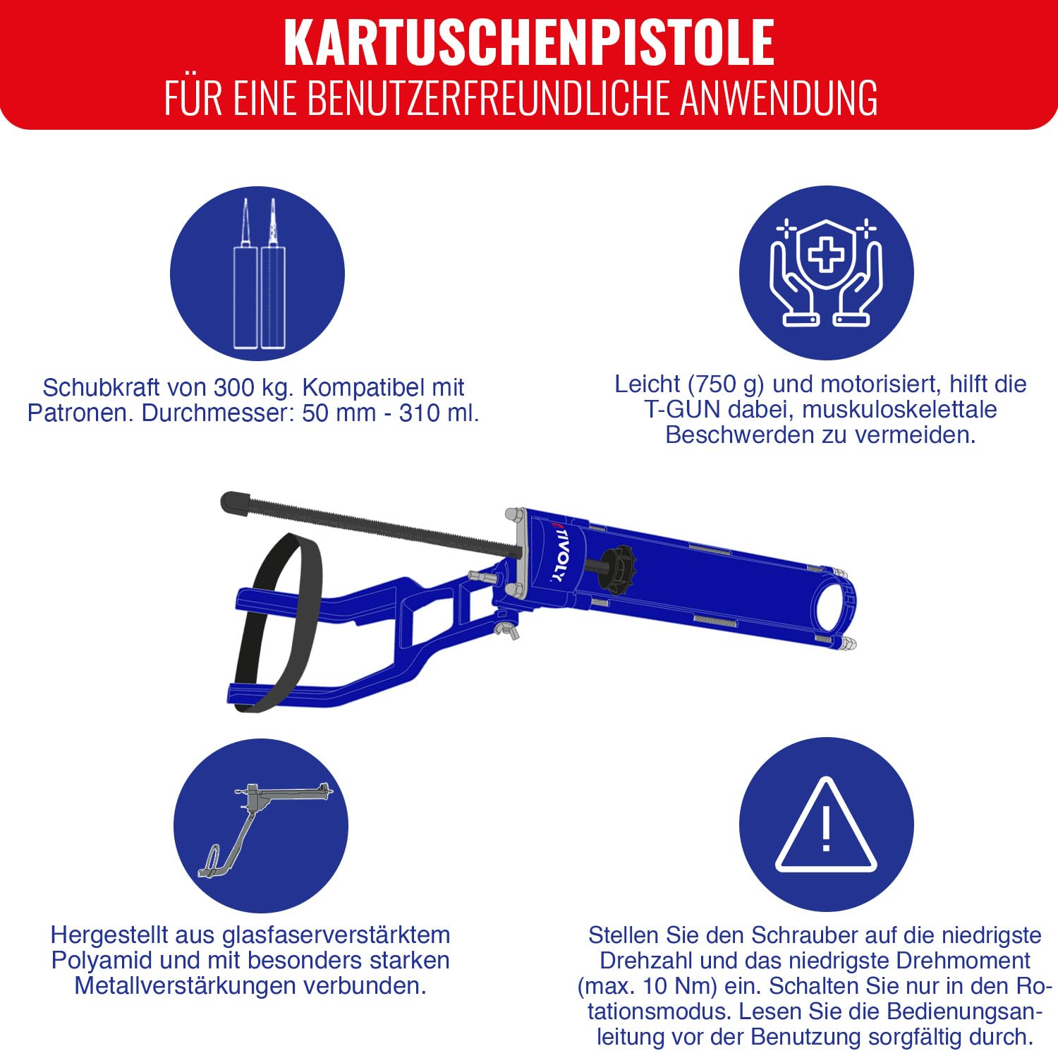 TIVOLY - Kartuschenpistole T-Gun F300 - Anpassbar an Bohrmaschine und Schrauber - Für Kartuschen Ø 50 mm / 310 ml