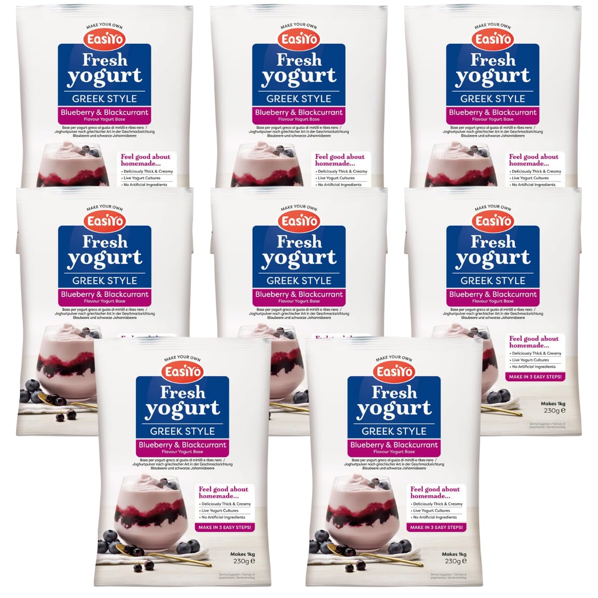 EasiYo Joghurt nach griechischer Art Blaubeere und schwarze Johannisbeere, 8 Beutel | Jeder Beutel ergibt 1 kg Joghurt