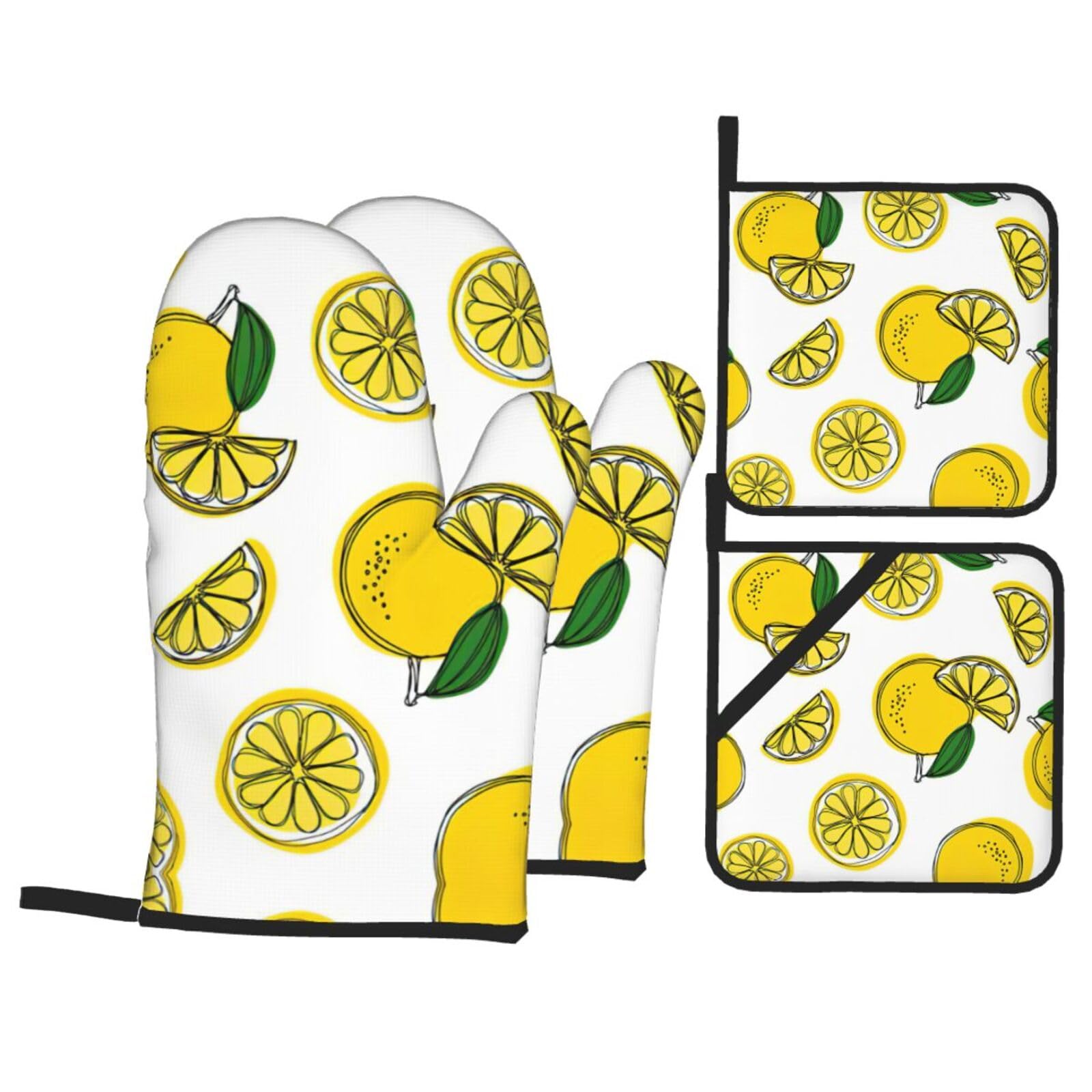 Lemon Fruit Pattern Print Stylish 4-Piece Microwaving Oven Waterproof Kitchen Gloves Baking Holiday Cooking