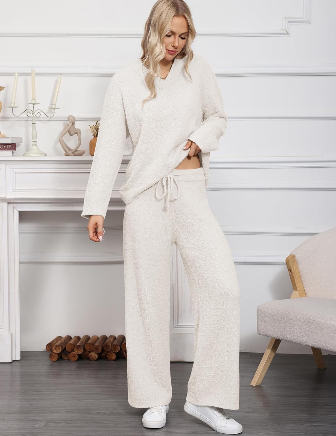 HNG Lounge Sets for Women Two Piece Outfits Fuzzy Fleece Pajama Set Long Sleeve Pullover Sweater Top and Wide Leg Pants - Image 5