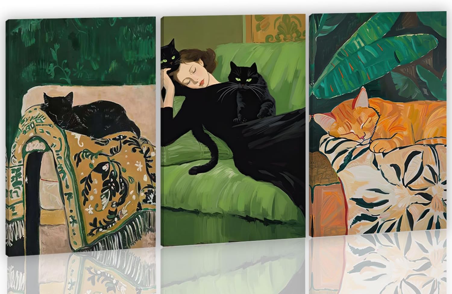 3Pcs Vintage Black Cat Canvas Wall Art Emerald Green And Orange Poster Print Sofa Sleeping Woman With Black Cat Awall Deocr Retro Pictuer Painting For Living Room Bedroom Bathroom Home Decoration​ 16×24 in( Canvas stretched over a wooden frame)