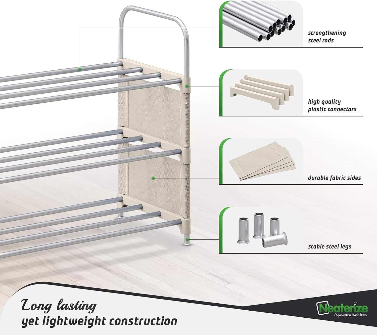 NEATERIZE 3 Tier Wide Shoe Rack | Stackable, Metal, Closet Shoe Organizer | Shoe Shelf Cabinet | Organizador De Zapatos | Shoe Rack for Closets, Entryway, Living Room and Bedroom (Beige)