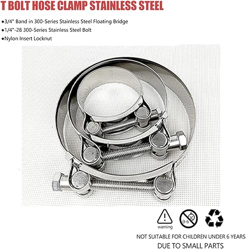 Miniatura 4 de BOTTEN Paquete de 4 abrazaderas de manguera T-Bolt de 1.75", Rango de abrazadera 51-59mm para ID de manguera de 1.75", abrazaderas de manguera de