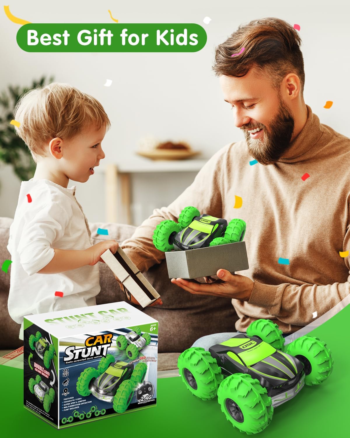 LM-15 Remote Control Car, 4WD RC Stunt Car with Inflatable Tires, Double-Sided Pattern and LED Flash, 2.4GHz, 360° Rotates and Flips, Gift for Birthday, Christmas, Thanksgiving