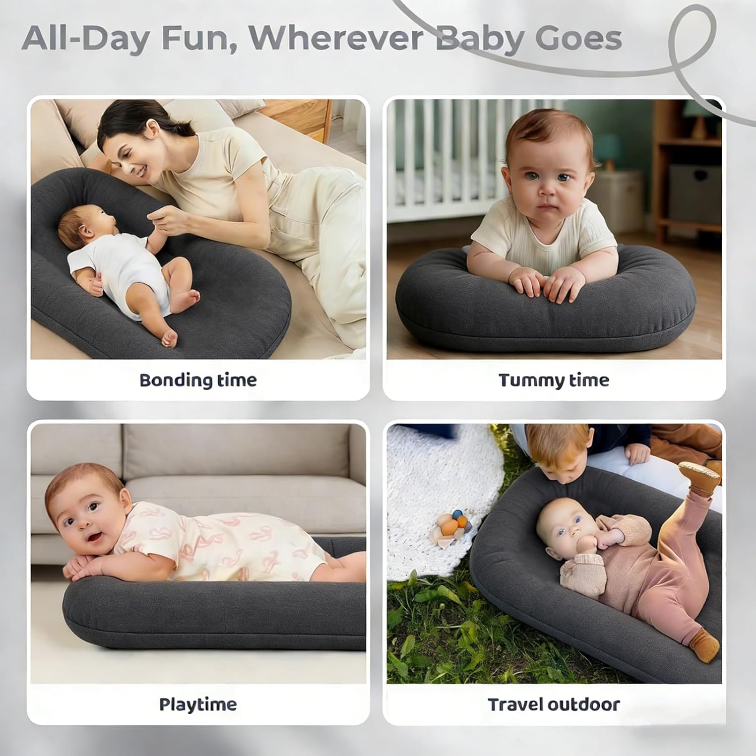 Baby Lounger 0-24 Months 100% Cotton-Snuggle Cozy Me Lounger,Soft & Breathable Baby Lounger for Newborn Play Mat,Infant Babies Essentials Gifts,Gray(Lounger Cover Included)