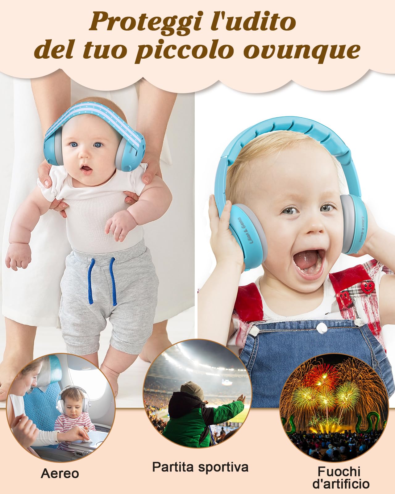 Lilian&Gema 2 in 1 Cuffie Neonato Antirumore -25dB,Protettori acustici per neonati, archetto regolabile, antiscivolo e antistress, protezione acustica ideale per neonati fino a 48 mesi