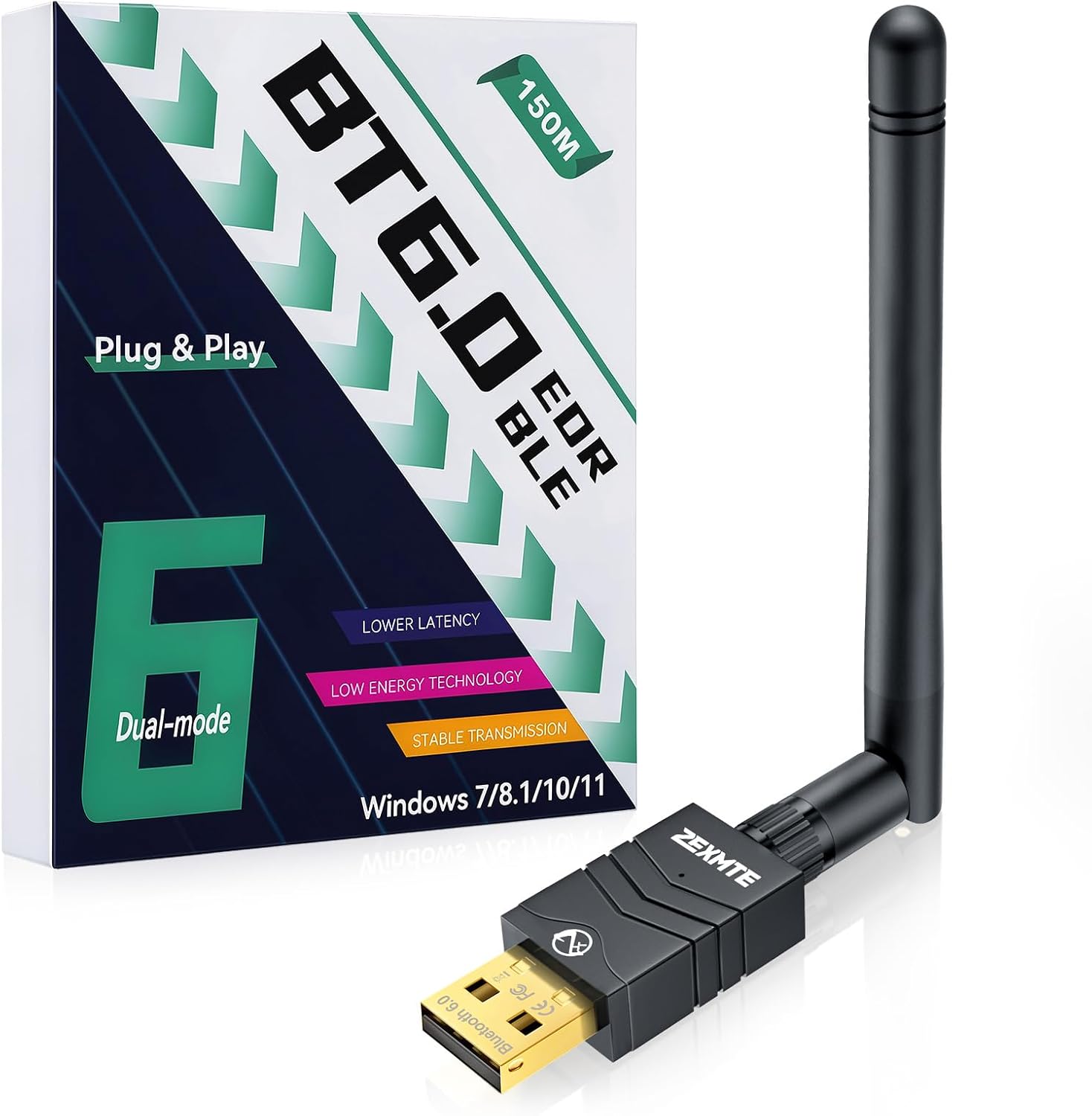 ZEXMTE 6.0 USB Bluetooth Adapter for PC, Long Range Connection with High Gain Antenna, Wireless Bluetooth Receiver 492FT / 150M, Plug &Play for Windows 11/10/8.1/7