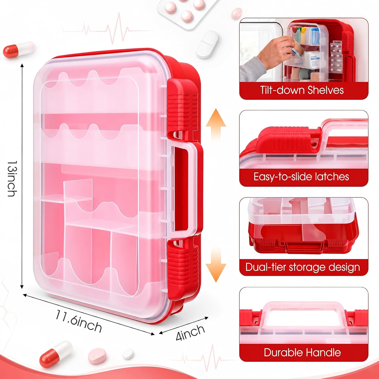 Empty First Aid Box, Dual-Layer First Aid Kit Organizer with Portable Handle Clear Visibility Family Medical Storage for Home Office Travel Car Business Workplace, Red