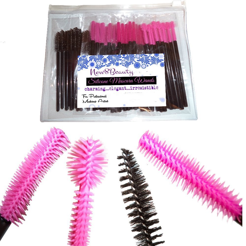 Disposable Silicone and Nylon Eyelash Mascara Wands Brush Set. 50 PC Black & Pink Variety Bulk Pack. PREMIUM QUALITY Cosmetic Eyelash Extension Spoolies Applicators -By New8Beauty