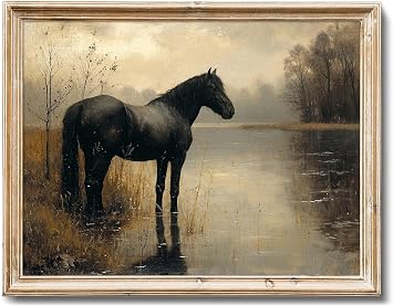 RETRART Vintage Horse Wall Art Vintage Horse by Lake Canvas Wall Decor, Horse Poster Moody Equestrian Landscape, Rustic Decor for Home, Horse Pictures Wall Decor Unframed 11x14 Inch