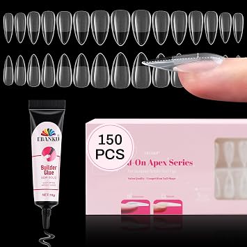 150 PCS Build on Apex Glamorous Nail Tips, EBANKU Pre-Building Clear Nail Tips Medium Almond Acrylic Full Cover Nails with Builder Glue Thicker Press on Nails for Flat Nails