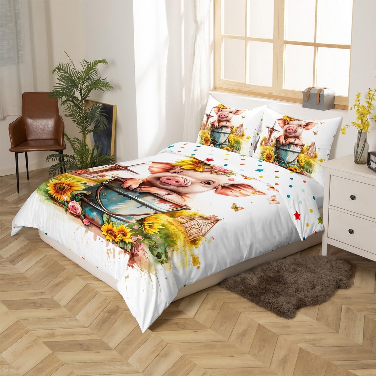 jejeloiu Boys Girls Pig Bedding Set Toddler Size, Cartoon Pigs Duvet Cover Kids Cute Pet Farm Animal Comforter Cover Butterfly Sunflower Teens Bedspread Cover with 1 Pillow Case (No Comforter)