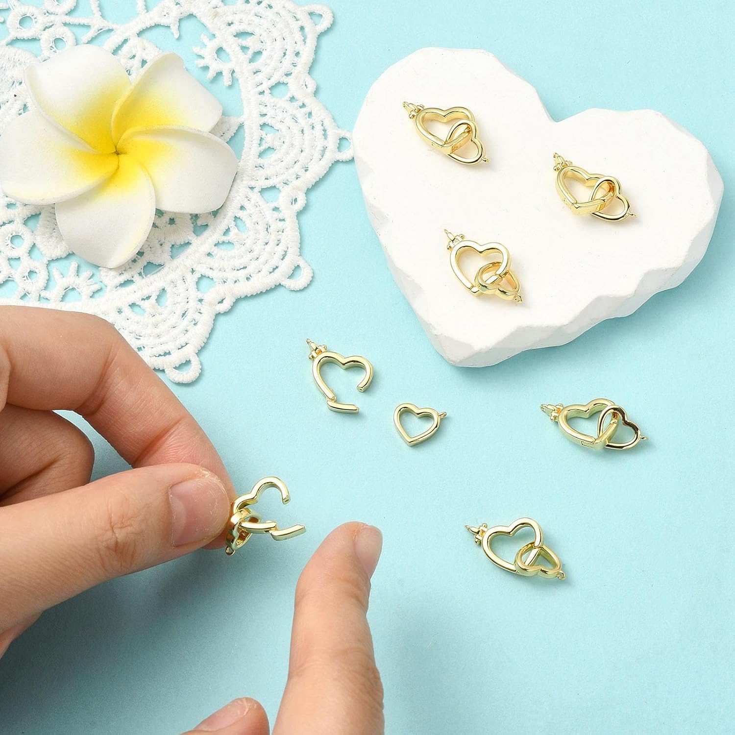 LiQunSweet 5 pcs Heart Theme Brass Clasps Spring Gate Rings Real 18K Gold Plated Connector Extender Clasps for Necklace Bracelet Keychain Handbag Jewelry Findings - 16mm