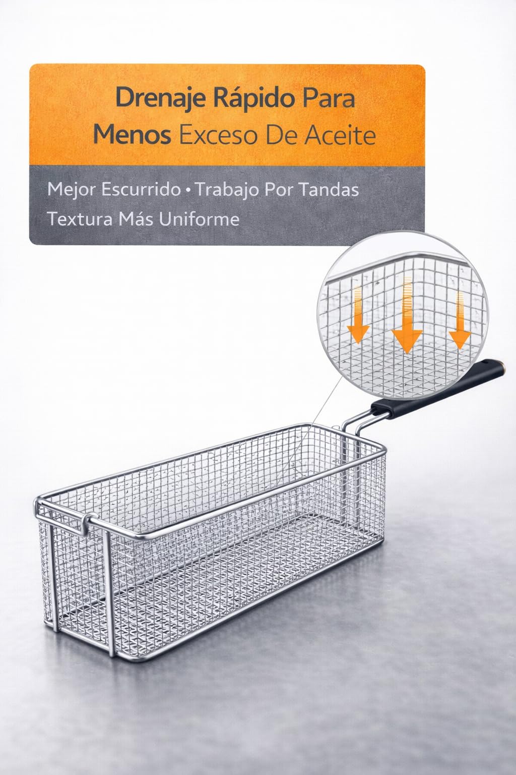 RO Linea Blanca ® Cesta Freidora Inox 370x150x120mm Malla Reforzada Mango Aislante Gancho Escurrido Repuesto Hosteleria Compatible con Angelo Po Compatible con Sagi