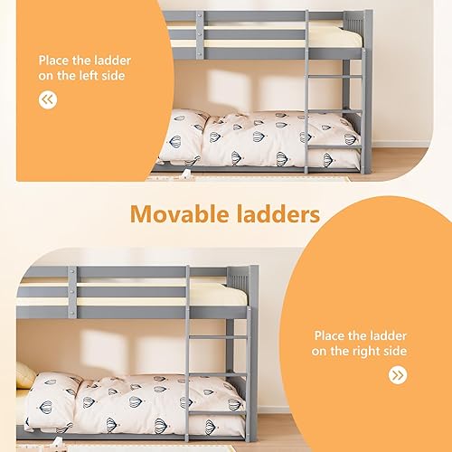 Miniatura 7 de JOYMOR Litera baja de madera maciza individual sobre individual para niños/jóvenes, marco de cama con barandillas y escalera para niños y niñas, no