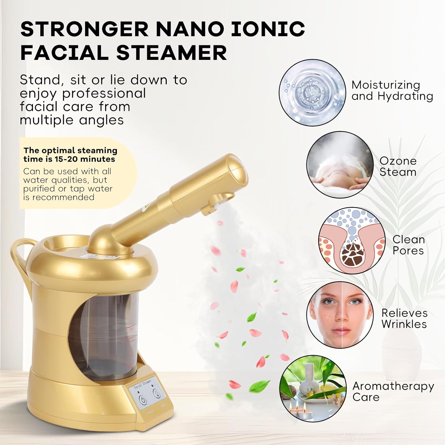 Facial Steamer, Nano Ionic Face Steamer with Extendable Arm for Deep Cleaning and Hydration, 360°Rotating Nozzle Face Humidifier, Portable Ozone Steamer for Beauty, Spa and Home Use(Golden) - Image 2