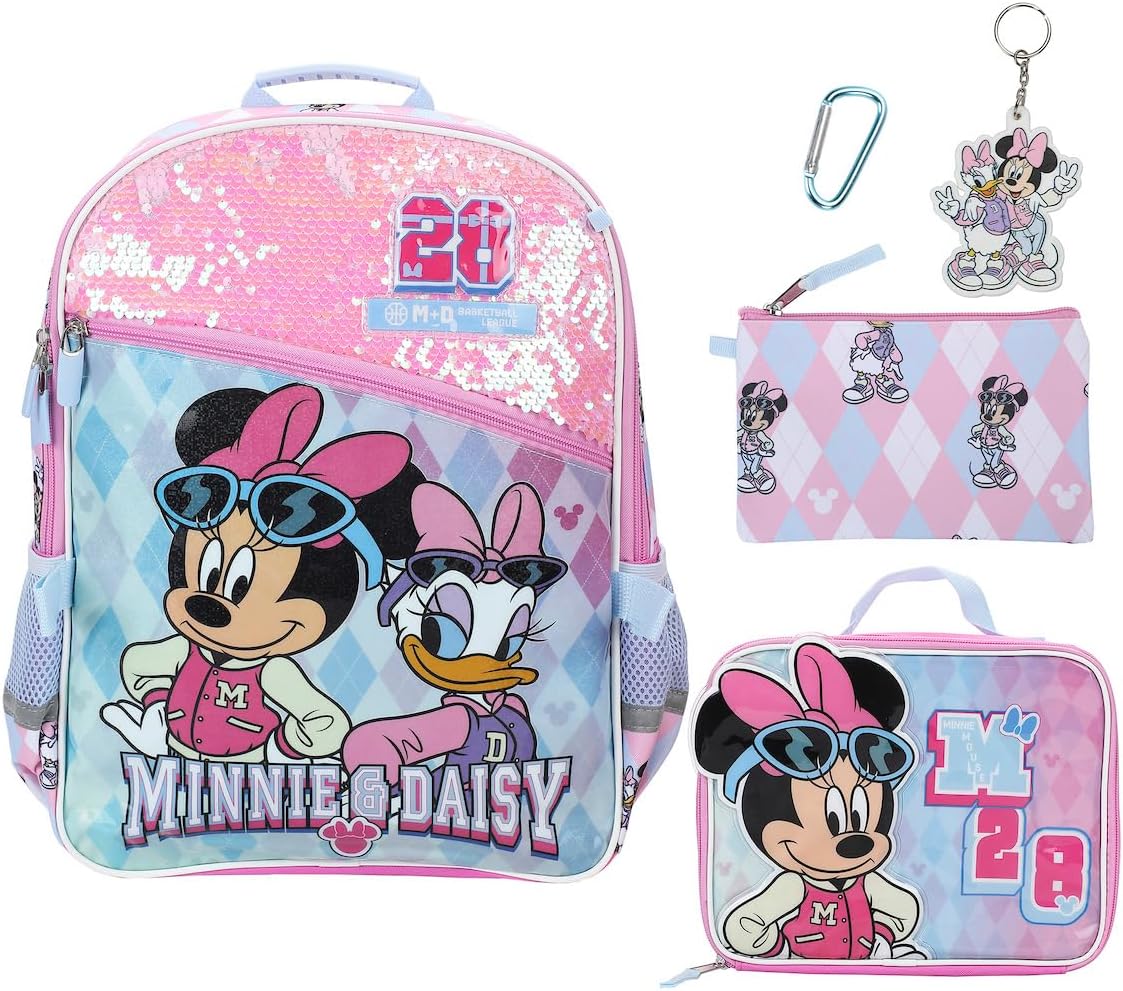 Mochila y juego de almuerzo Minnie Mouse M 28 Classic de 5 piezas de 16"para la escuela y los viajes
