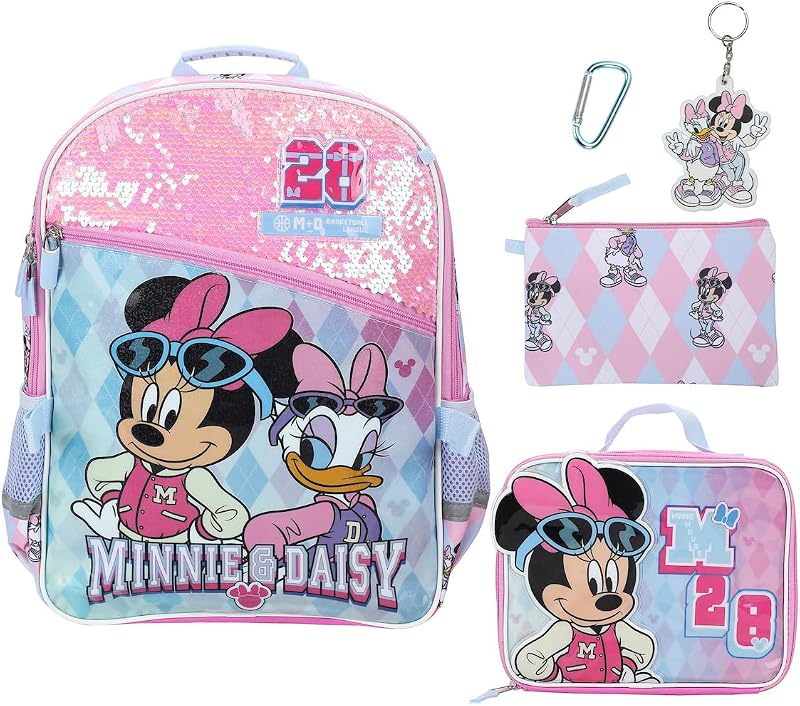 Mochila y juego de almuerzo Minnie Mouse M 28 Classic de 5 piezas de 16"para la escuela y los viajes