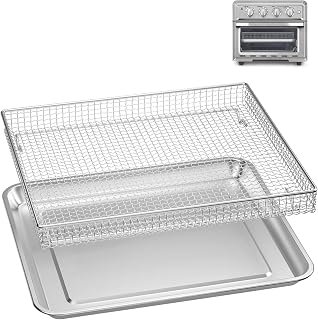 2Pcs Stainless Steel Air Fryer Tray Replacement for Cuisinar TOA-060 and TOA-065 Toaster Oven Deep Fryer Parts & Accessorie, 2.4"x11" Baking Sheet Tray Pan and Mesh Air Fryer Basket, NonStick