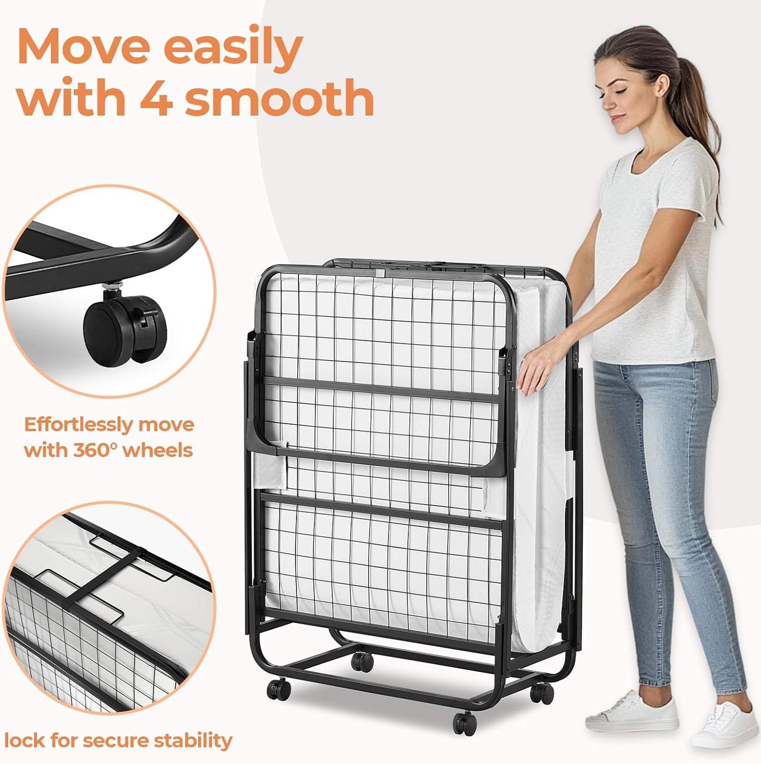 Folding Bed with Memory Foam Mattress,75”x31”Portable Rollaway Bed for Adults,Space-Saving,Sturdy Metal Frame with Wheels,Perfect for Guest Rooms, Apartments,Easy Storage