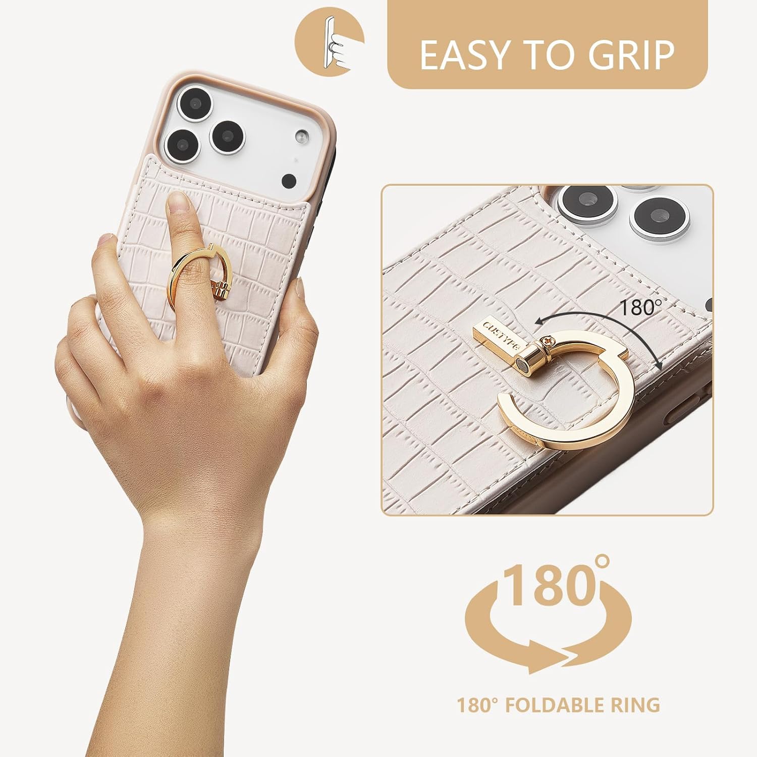 CUSTYPE Compatible with iPhone 17 Pro Wallet Case with Card Holder,180°Ring Holder Kickstand Card Slots Case,PU Leather Protective Case for iPhone 17 Pro 6.3inch-Beige