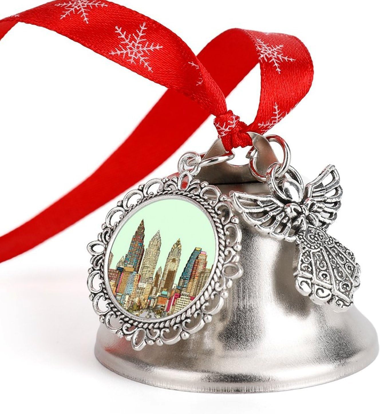 Austin Texas Bell Ornament Red Ribbon for Christmas Tree Holiday Decoration Personality Believe Bell Ornaments Sleigh Bells for Winter New Year Party Supplies