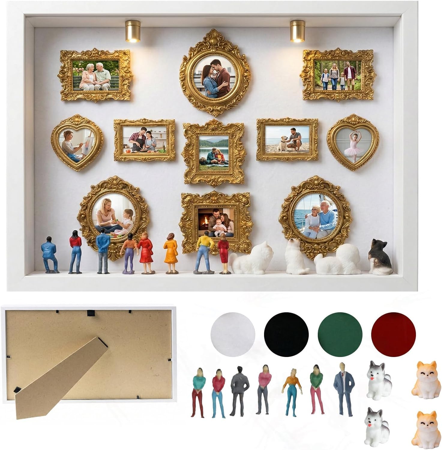 All-in-One DIY Shadow Box Kit,Mini Gold Frames with Museum of Figurines | LED-Illuminated Silhouette Box Memory Collage | Anniversary/Wedding Eco-Friendly Decor Gift (B Style)