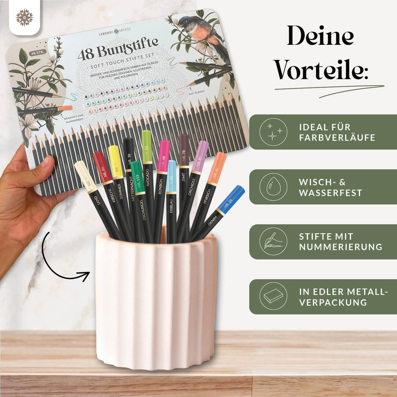 LEBENSKOMPASS® Buntstifte Set – Buntstifte für Erwachsene (48 Malstifte) – Hochwertige Holzstifte für Malbuch, Mandalas & Kunstprojekte – Nachhaltige Farbstifte mit intensiven Farben