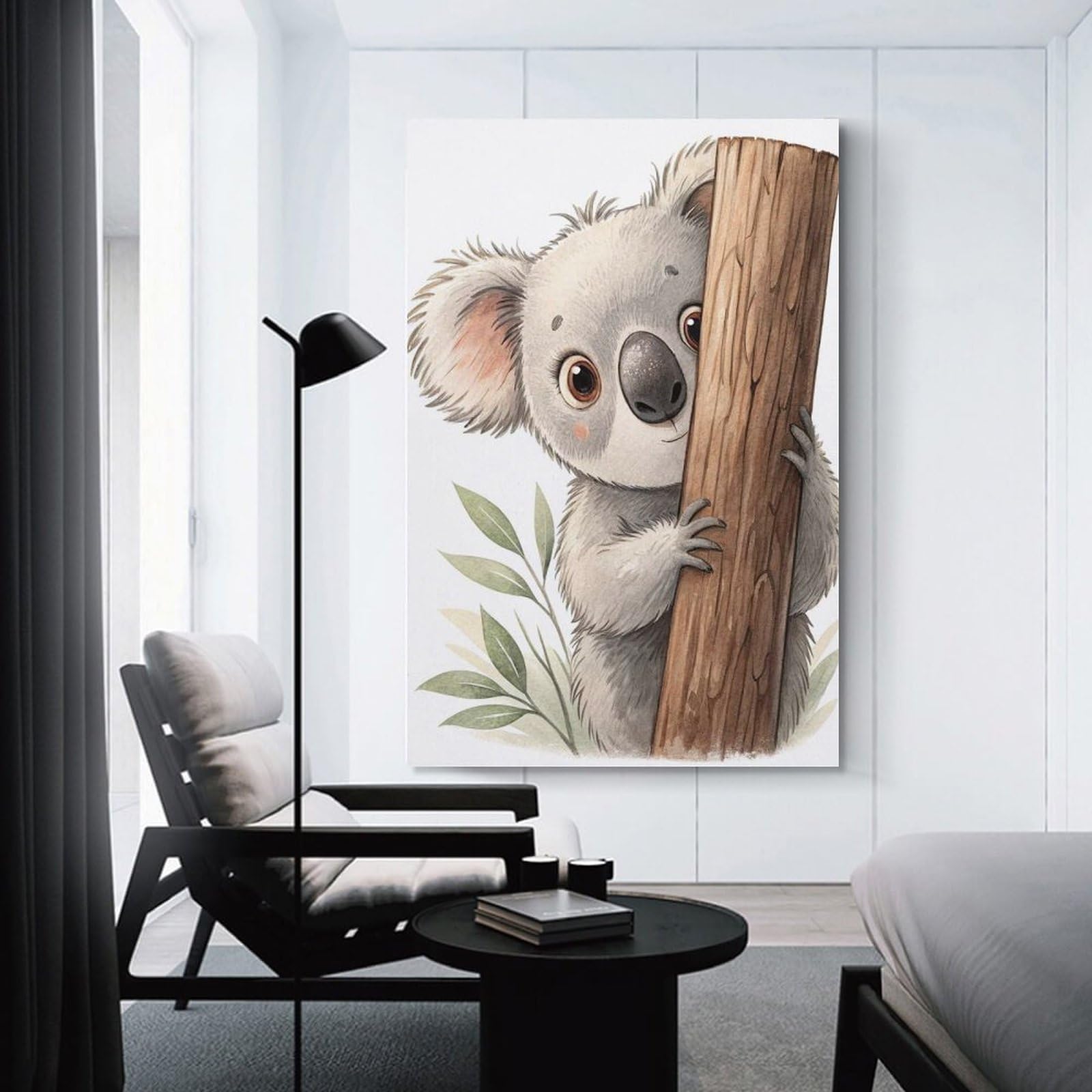 Junmoney Cute Koala Peeking from Behind A Tree Canvas Wall Decor 24x36inch(60x90cm), for Calm Bedrooms, Home Corners Or Flats, An Easy Wall Refresh for Bedrooms