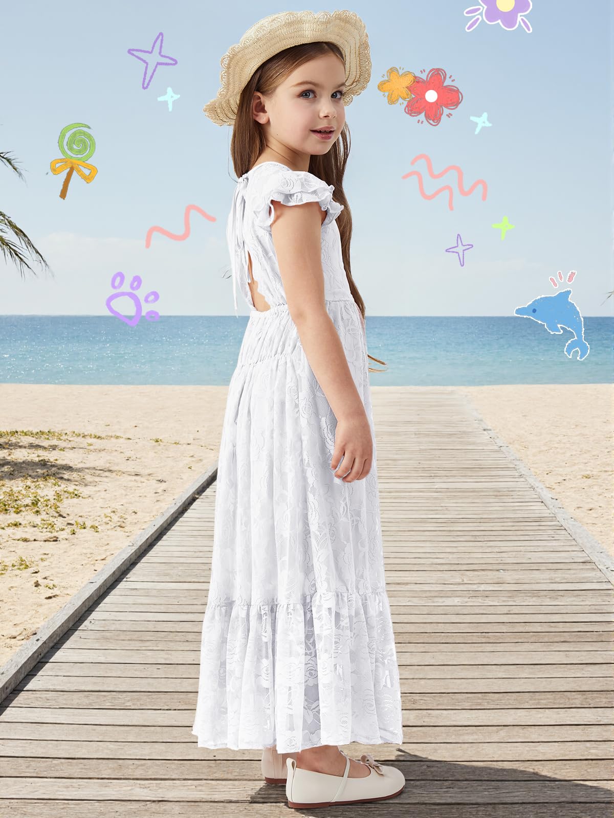 ALLOVIN Abito da Damigella in Pizzo a Maniche Lunghe per Pasqua per Bambine e Ragazze, Matrimonio, Battesimo, Prima Comunione, Maxi Boho Linea A 3-12 Anni