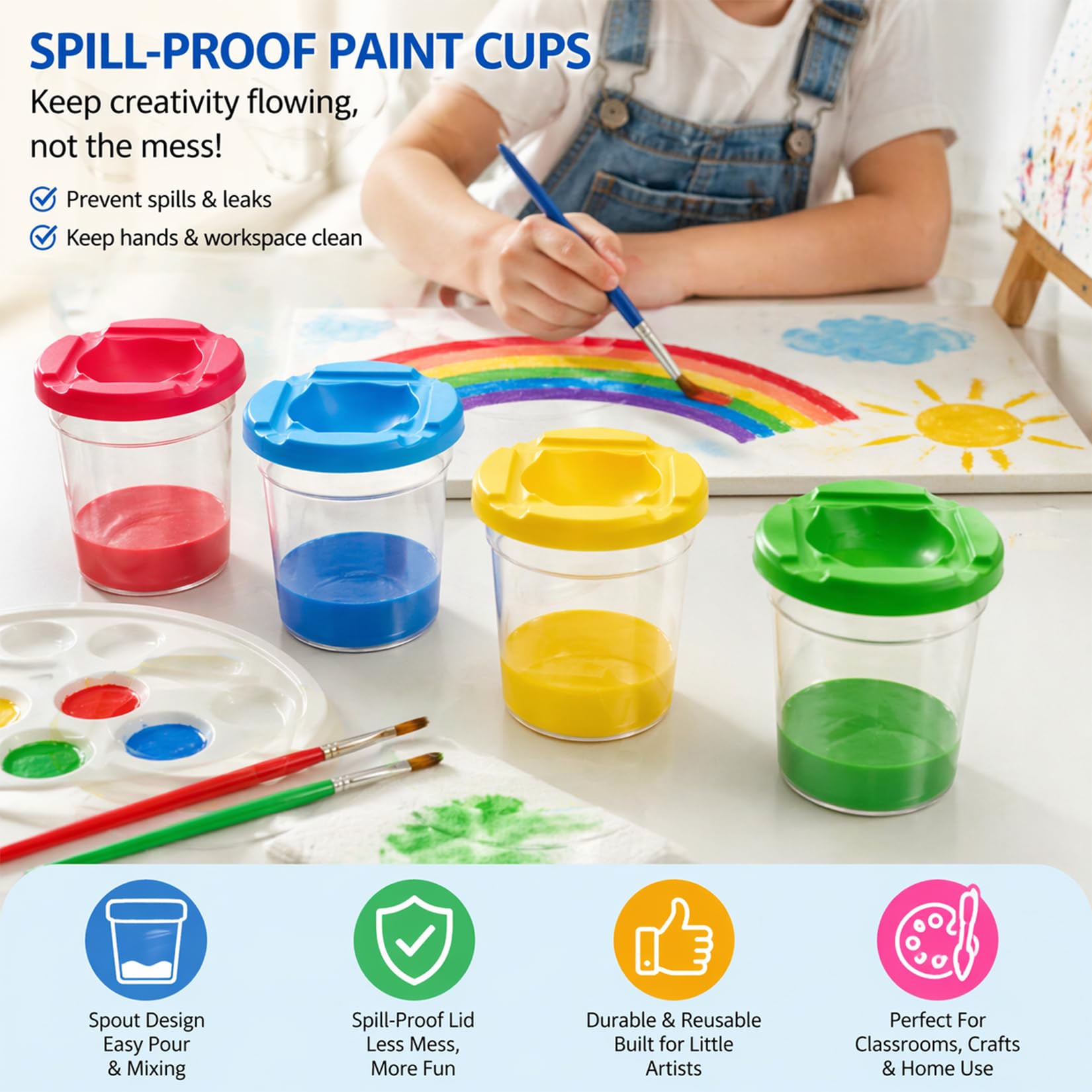 4 Pcs Gobelet pour Peinture Acrylique, Godets Anti-éclaboussures pour Peinture, Gobelet Aquarelle avec Couvercles, pour école et maison (multicolore), comprenant 1 set godets et 1 set pinceaux