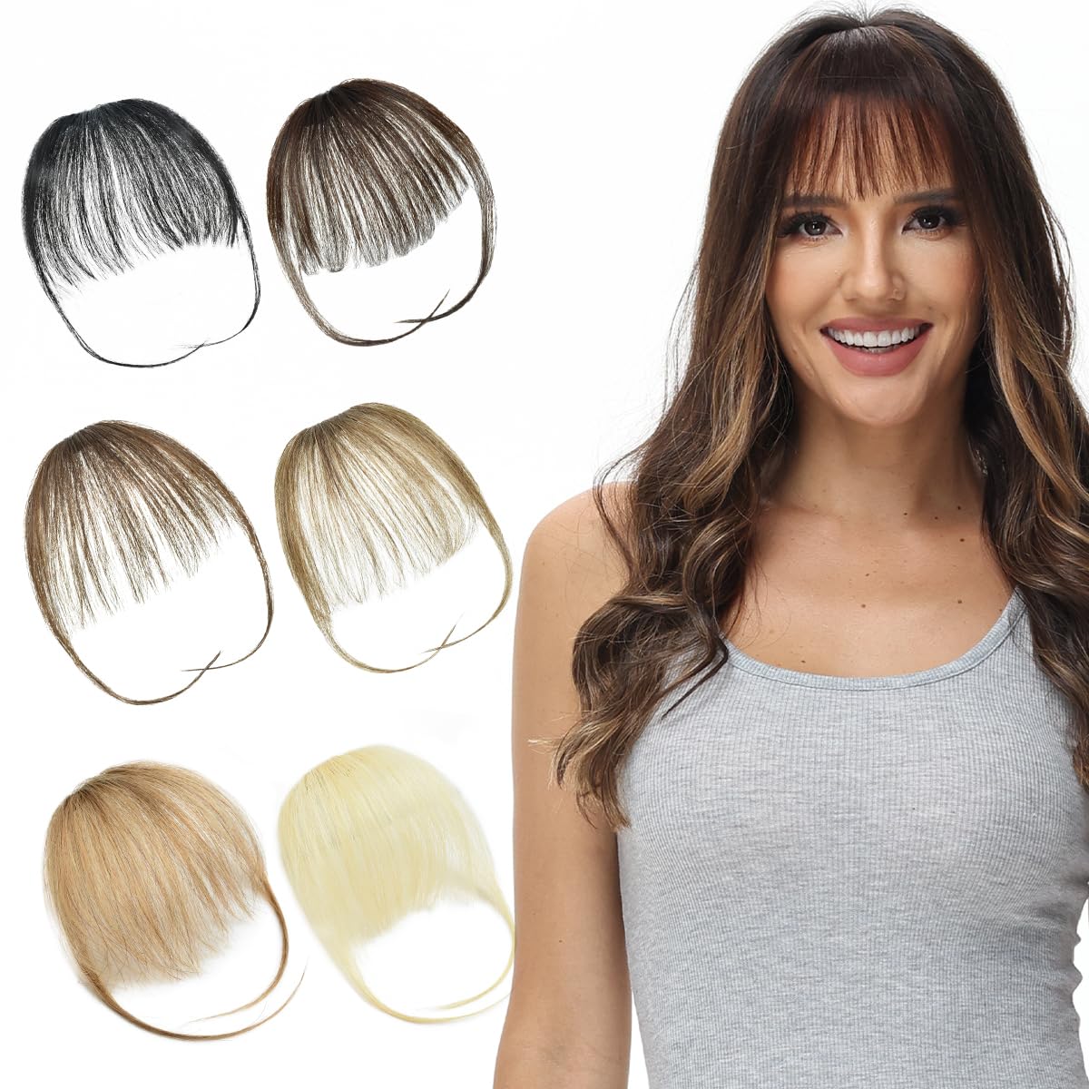 BUYOGET Clip in Fringe Human Hair Extension Airy Bangs Medium Brown Straight Remy Fringe Clip on Bangs Hair Clip for Women