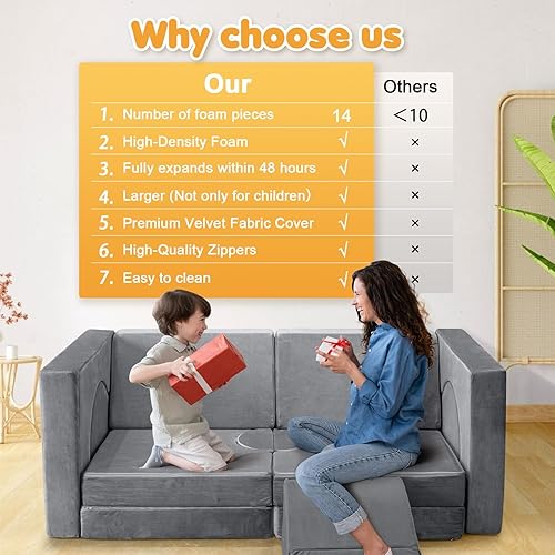Miniatura 3 de Sofá modular de juego de 14 piezas para niños pequeños, sala de juegos, dormitorio, más de 500 dólares, sofá para niños, niñas y adolescentes (gris)
