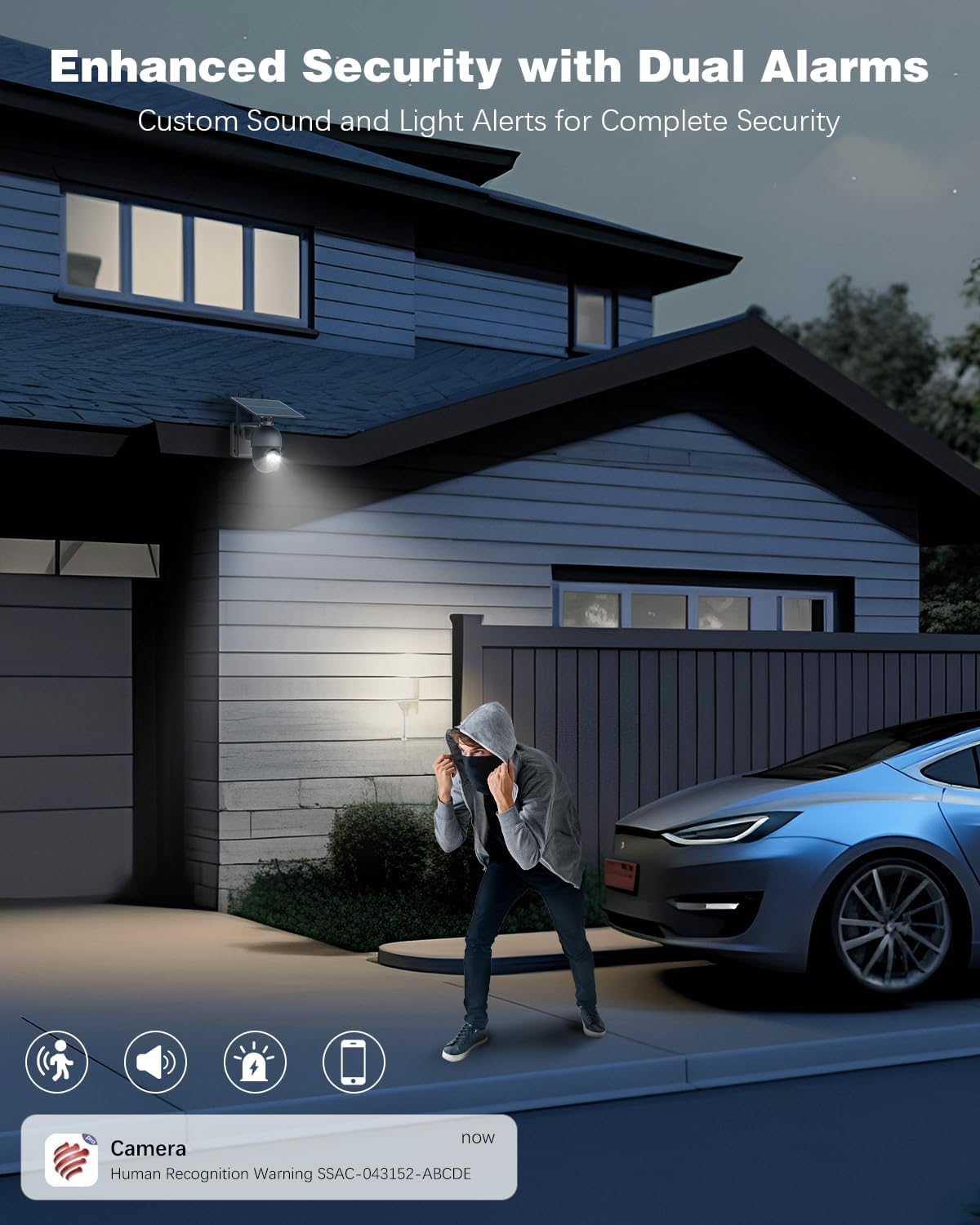 Image depicting a person triggering a sound and light alarm from the security camera