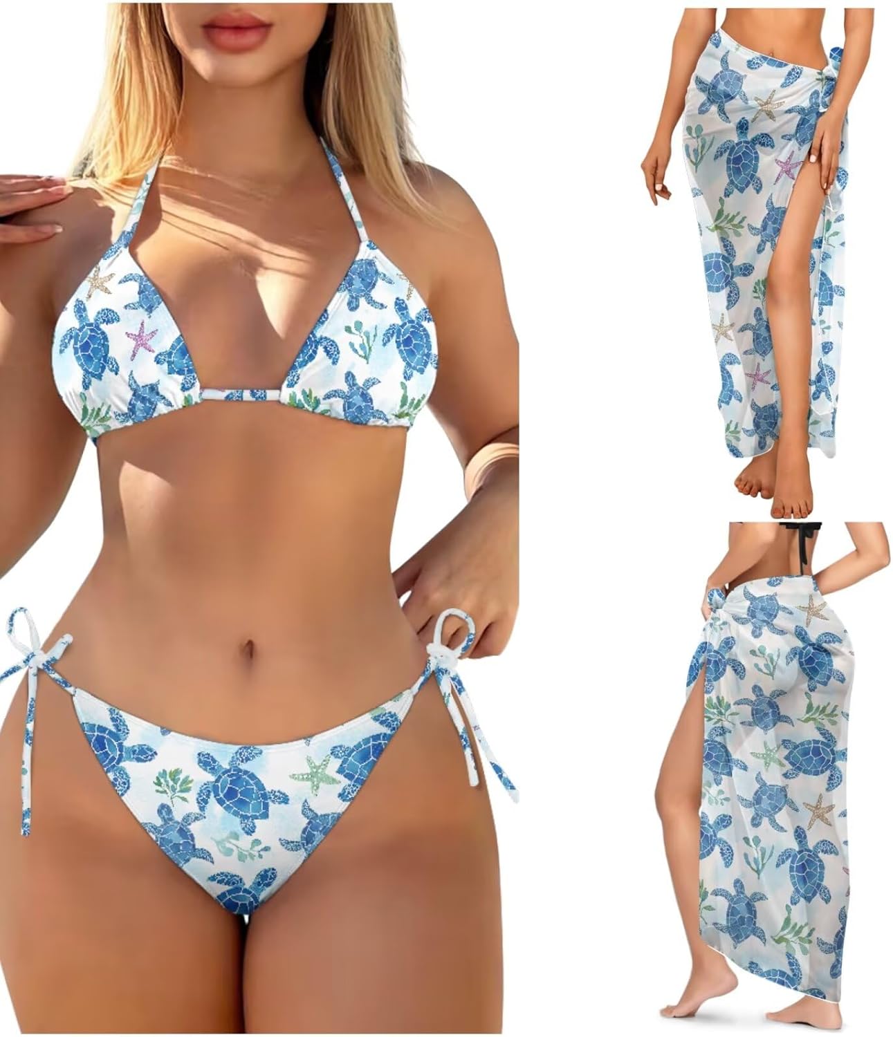 Xpyiqun Women Bikini Sets 3 Piece Swimsuits Halter Triangle Bathing Suit with Cover Up Skirt Tie Side Swimwear Coverup