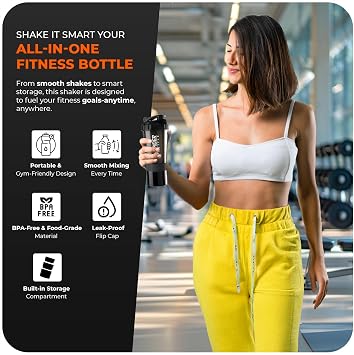 Protein Shaker Bottle 500ml With Extra Compartment - Gym Shaker Bottle For Men & Women, Perfect For Protein Shakes & Supplements (Black)