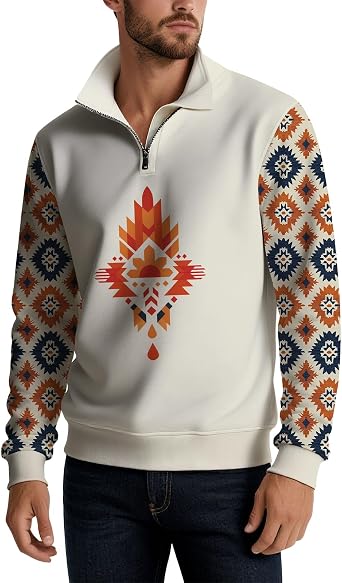 HOTYD Aztec Print Pullover Sweatshirts for Men Trendy Quarter Zip Stand Collar Sweatshirt Casual Long Sleeve V Neck Fall Tops
