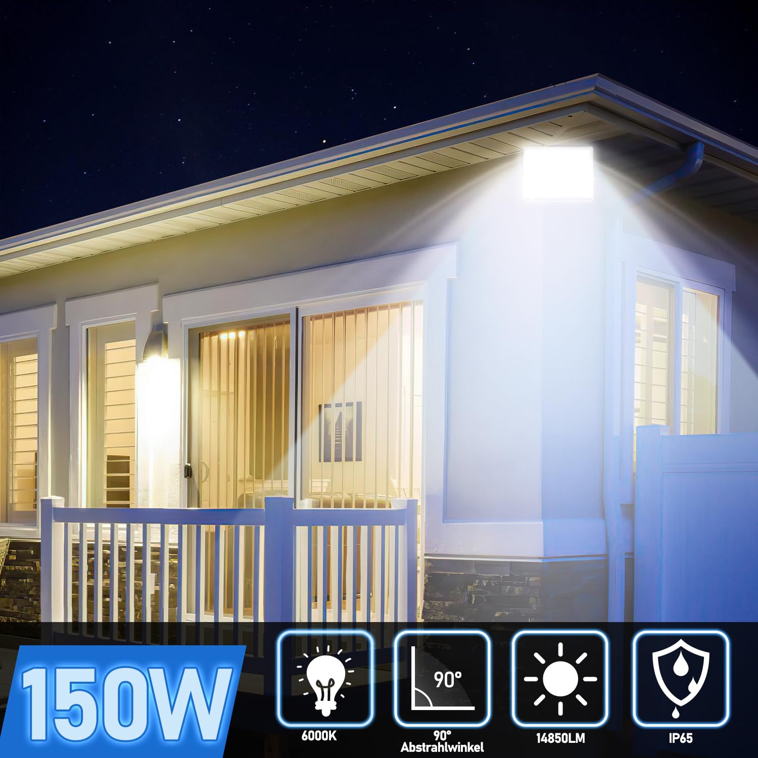 LED Strahler Außen, 4x150W Superhell 14850LM LED Strahler 6000K Kaltweiß, Verstellbarer 180° Halter, IP65 Wasserdicht für Außenbeleuchtung (kein Stecker)