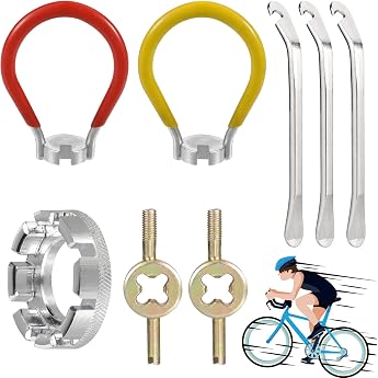 8-Piece Bicycle Tyre Lever Set Bicycle Spoke Wrench Professional Rim Alignment with Tensioner Sprocket Remover Cassette Locking Ring Tool Puller Kit