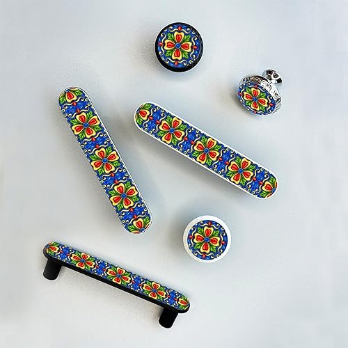 Miniatura 4 de Paquete de 4 tiradores de azulejos de cerámica Talavera mexicanos azules para gabinetes de cocina, manijas negras de 3-34 pulgadas (3.780 in) con