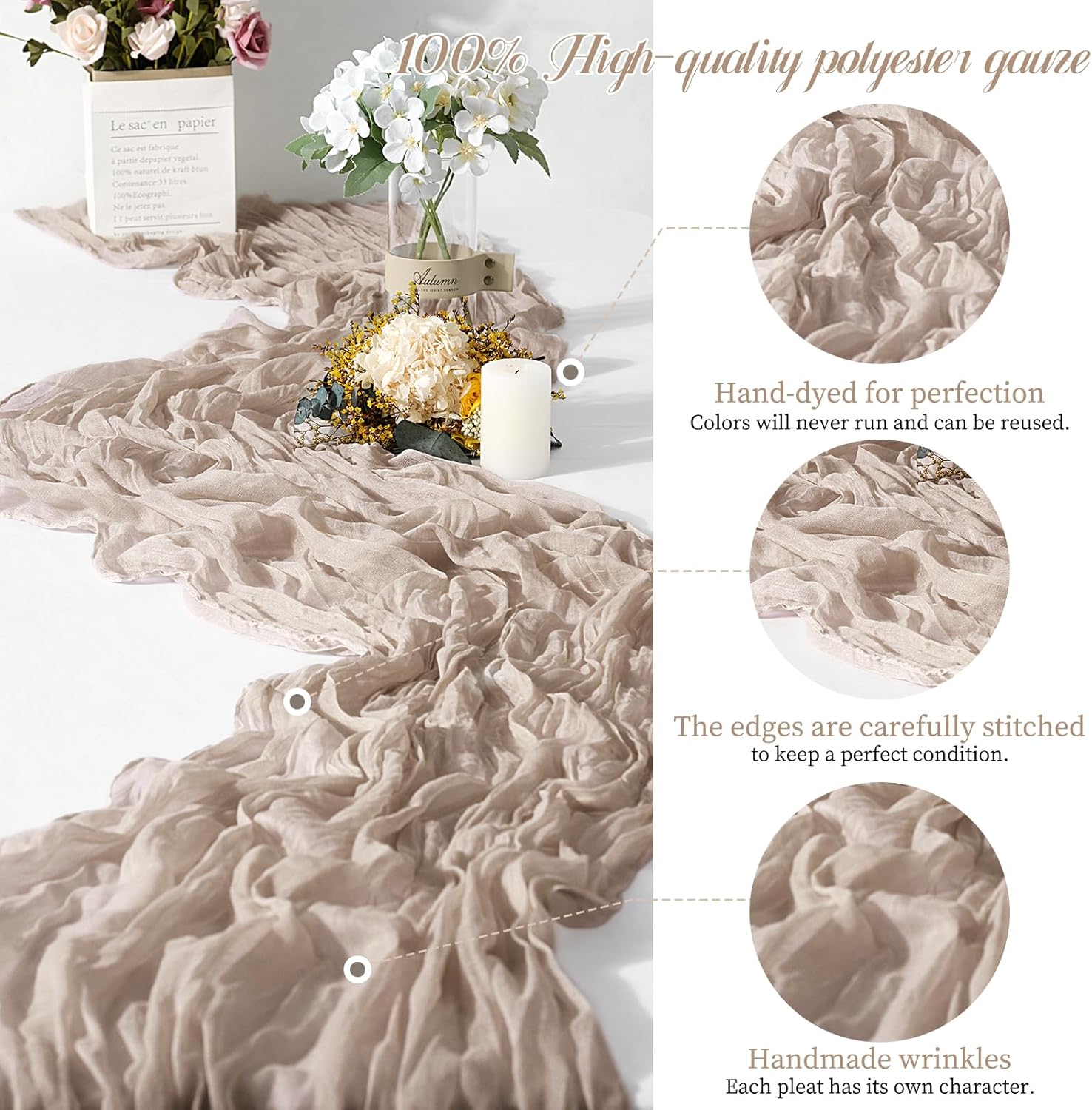 24 Packs Taupe Table Runner, Charming Cheesecloth Table Runner 17 x 108inch, Gauze Boho Wedding Decoration Rustic Sheer Fabric Cheese Cloth Table Runners for Wedding Party Bridal Shower
