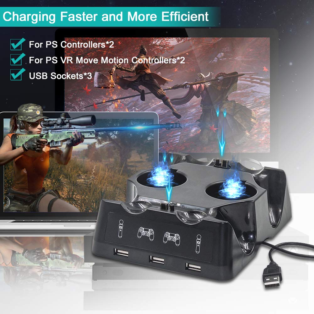 PS4 Controller Ladestation Mit LED Anzeige und 3 Front USB Ports - 4 in 1 für PS4/Pro/PS4 Slim/VR Move Motion Controller