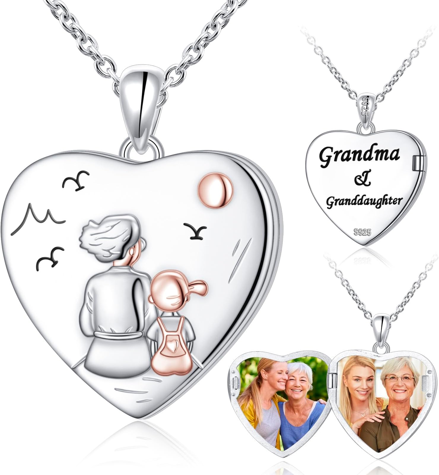 Heart Locket Necklaces S925 Sterling Silver Grandma and Granddaughter Keepsake Memory Jewelry Hold Picture Photo Locket Heart Pendant Necklace Gifts for Women Grandma Mom Daughter Granddaughter