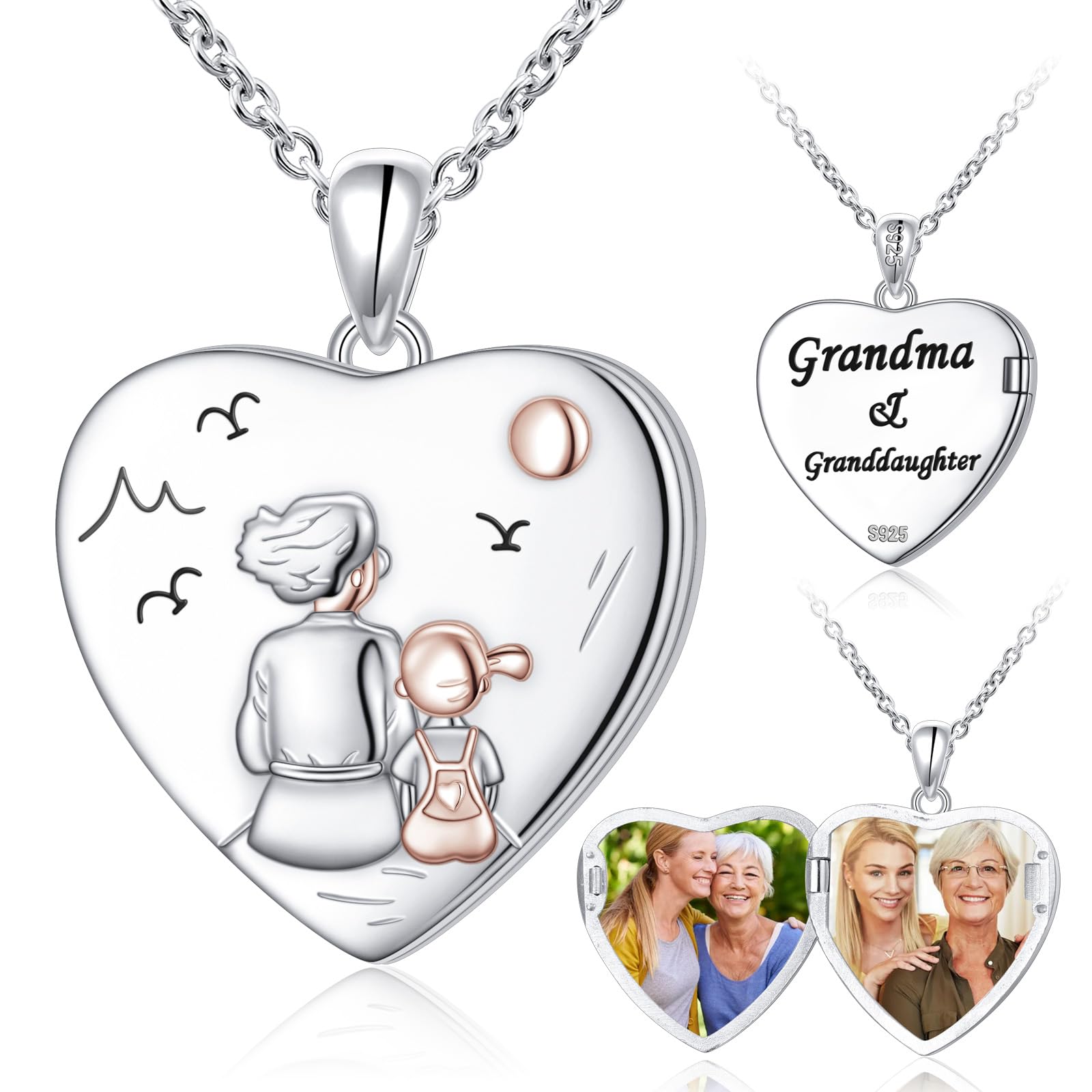 Heart Locket Necklaces S925 Sterling Silver Grandma and Granddaughter Keepsake Memory Jewelry Hold Picture Photo Locket Heart Pendant Necklace Gifts for Women Grandma Mom Daughter Granddaughter