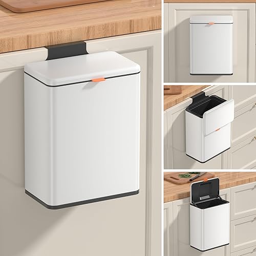 Mbillion Cubo de basura colgante de compostaje de cocina con tapa, de acero inoxidable, de 2.1 galones, para armario de cocina, cubo de basura