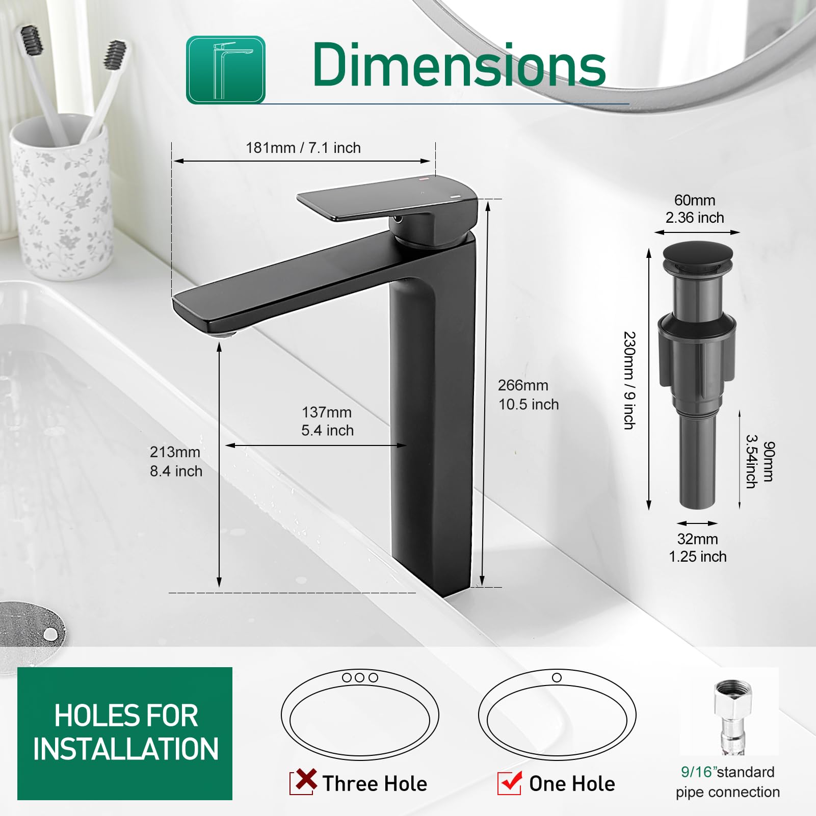 Robinet De Salle De Bain Noir, Robinet De Lavabo Haut, Robinet Mitigeur Evier A Levier Unique Avec Poignee Carree Amovible 98822911